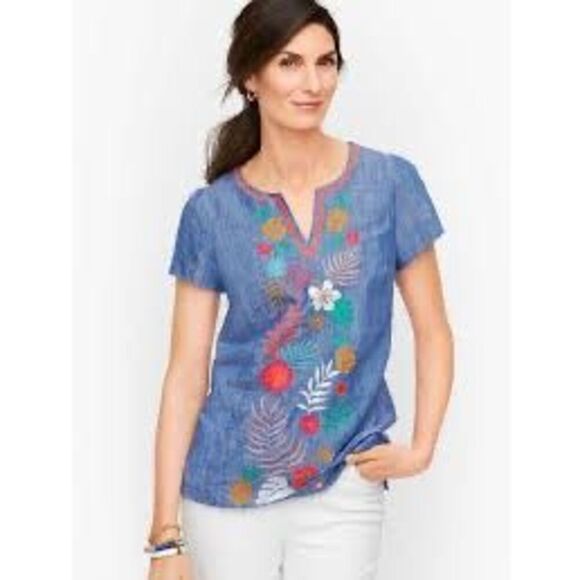 Talbots Embroidered Linen Blend Top Sz L Petite Floral Boho - Picture 1 of 10